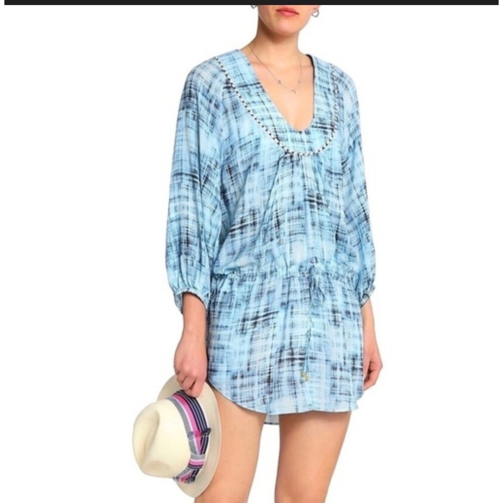 ViX Paula Hermanny Tunic Swim Coverup Womens Large Blue Beaded V-Neck Drawstring
